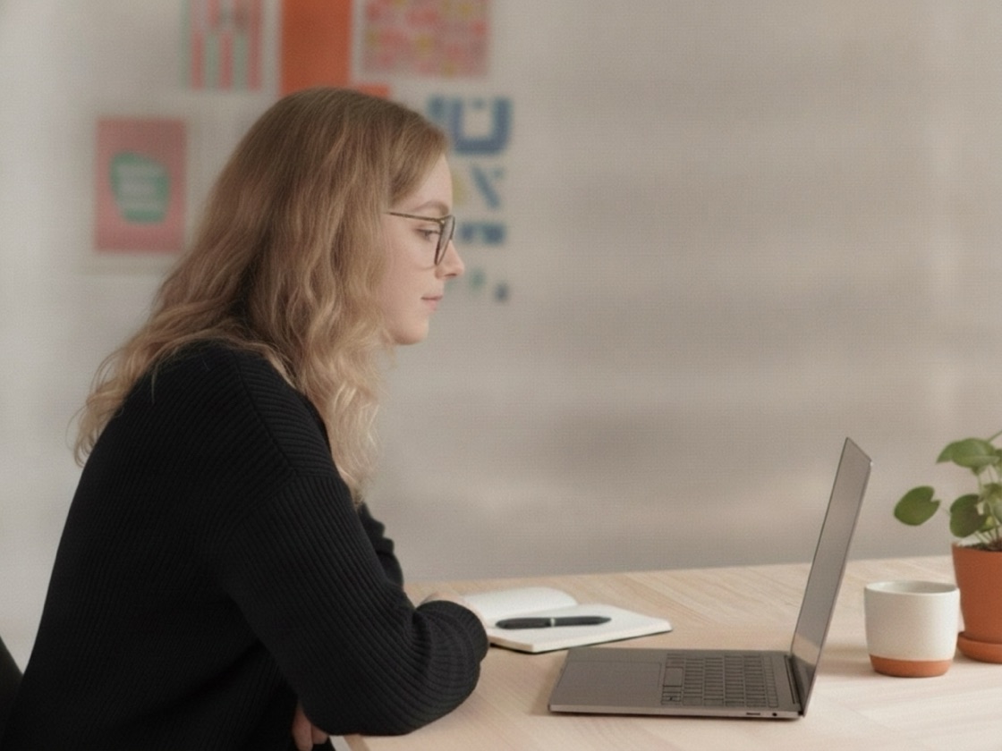 Angéline Vangeneberg, de profil, en consultation vidéo depuis son bureau